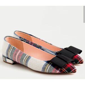 J.CREW Pointed-Toe Bow Flats Snowy Stewart Tartan Plaid Sz 8